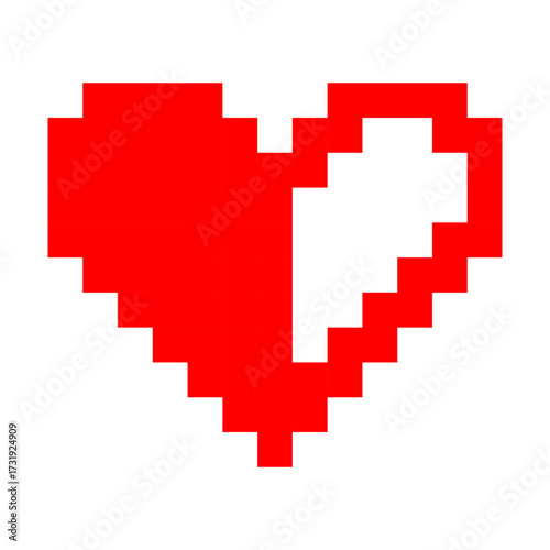 Pixelated red heart with upper white corner highlight, retro 8 bit icon representing love, digital passion, romance, and gaming inspired aesthetics
