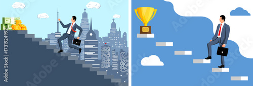 Businessman on stairs to money and trophy. Career growth, leadership, success achievement strategy. Business progress concept.