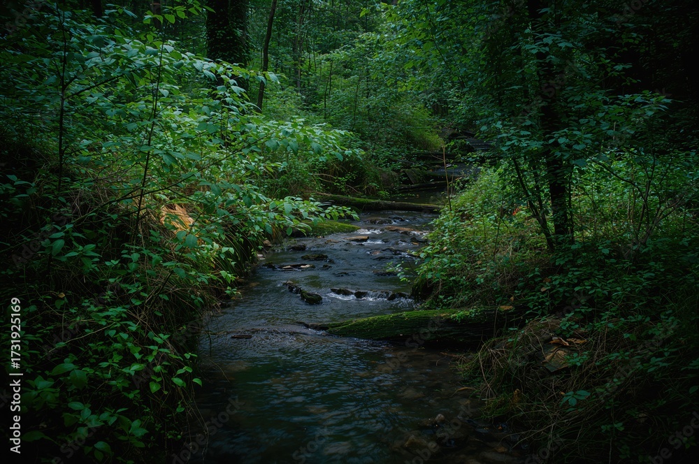 Obraz premium A narrow creek winds its way through thick woodland filled with lush greenery.