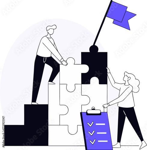 Teamwork and collaboration building a strategy to reach a goal with a checklist