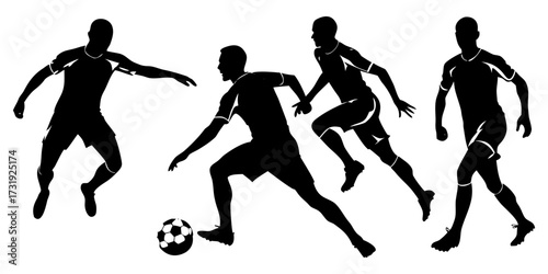 Create a collection of minimalist soccer player silhouettes in various action-packed poses, such as dribbling, kicking, and defending. The figures should be in motion, showcasing athleticism and energ