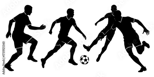 Create a collection of minimalist soccer player silhouettes in various action-packed poses, such as dribbling, kicking, and defending. The figures should be in motion, showcasing athleticism and energ