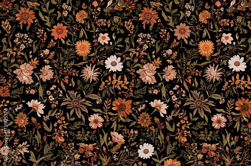 Seamless floral pattern with blooming meadow plants in warm tones on a dark backdrop