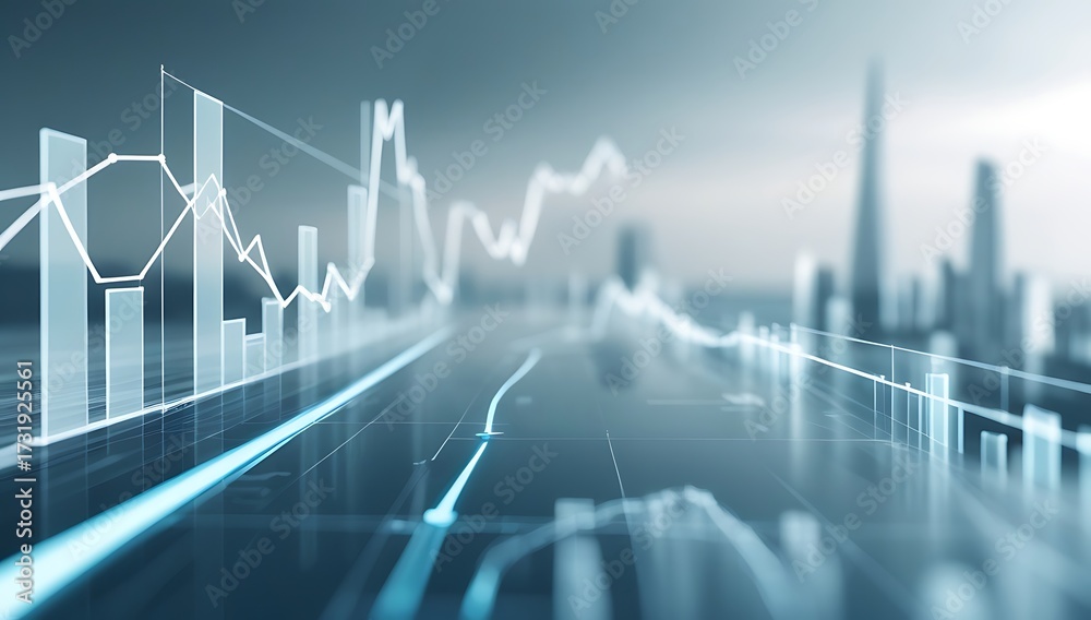 Naklejka premium Predictive Analytics Concept – Translucent Data Graphs & Forecasting Lines, Futuristic Cityscape, Foresight, Trend Analysis, Decision-Making, Muted Blues & Grays Background.