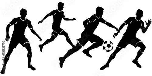 Create a collection of minimalist soccer player silhouettes in various action-packed poses, such as dribbling, kicking, and defending. The figures should be in motion, showcasing athleticism and energ
