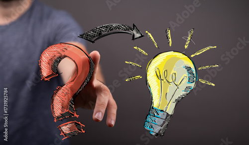 Hand pointing from question mark to lightbulb, symbolizing problem-solving and innovation.