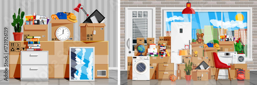 Home moving service with various packed boxes and domestic stuff. Relocation to new house from old apartment. Moving day concept.