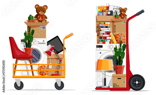 Flat style moving trolley full of household stuff. Relocation with belongings and furniture. Home moving concept.