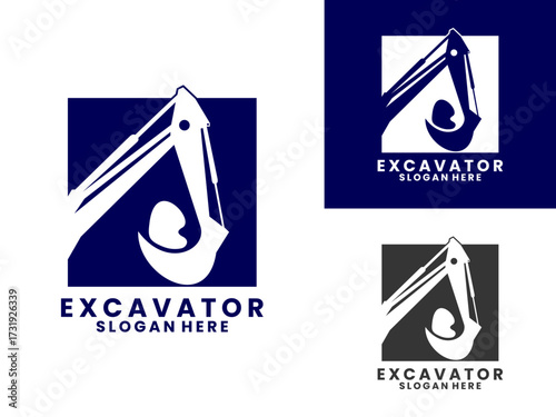 Hydraulic excavator with simple square logo design vector template, suitable for building, industry, construction, etc.