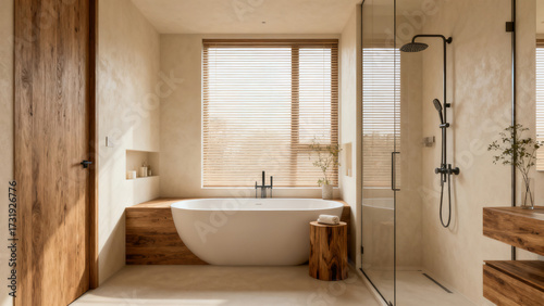 Modern Minimalist Wooden Bathroom with Bathtub