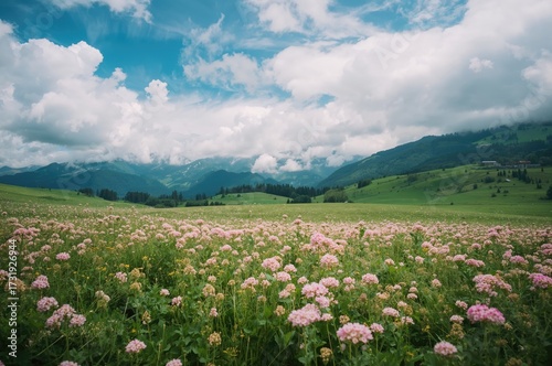 Stunning spring scenery with a foreground covered in vibrant clover flowers and expansive green fields beneath fluffy white clouds and distant blue hills