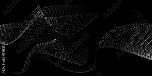 Flowing dots particles wave pattern 3D curve halftone grey gradient curve shape isolated on black background. Vector in concept of technology, science, music, modern.�