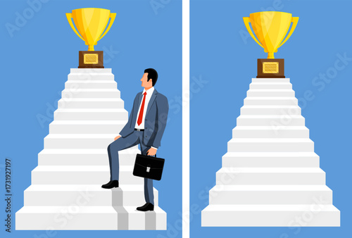 Man businessman climbing stairs to golden trophy on pedestal. Path to success concept for career and business achievement.
