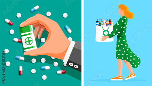 Hand holding pill bottle. Woman carrying pharmacy bag with drug, medical item. Medicine prescription service digital illustration.