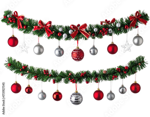 Two Christmas garlands with red, silver, and gold ornaments