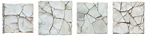 Cracked tiles in Sequence: The image showcases a series of cracked tiles, each with a unique pattern of fractured lines, symbolizing age, decay, and the passage of time.