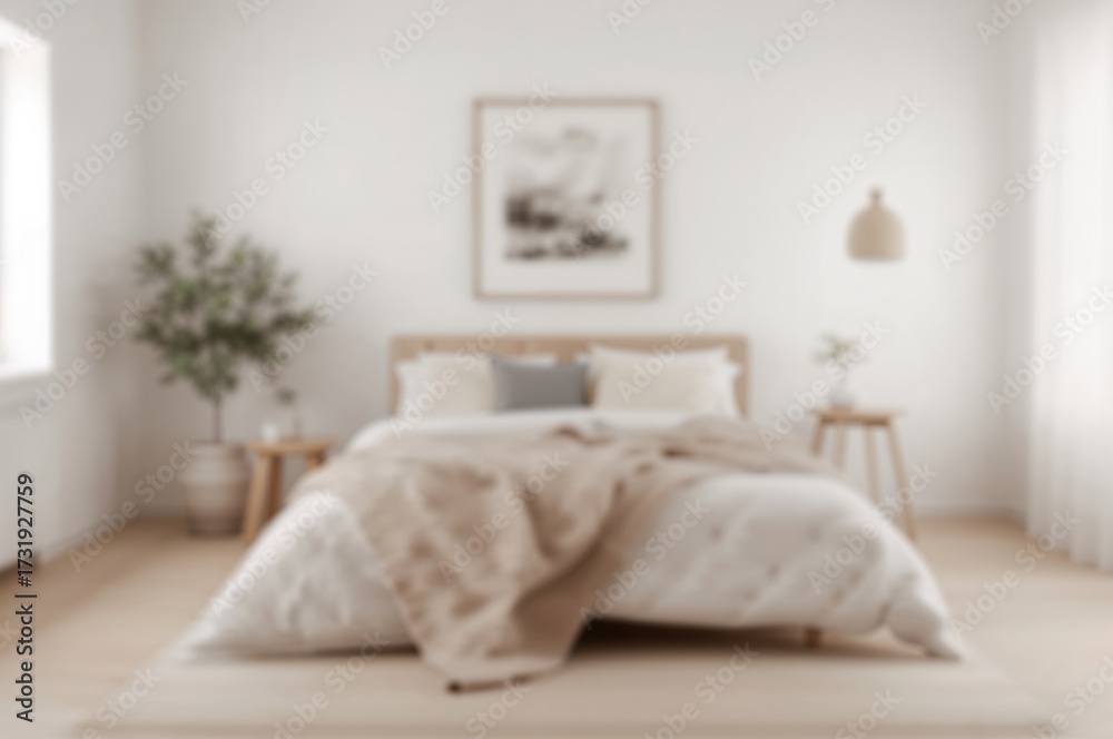 Naklejka premium Soft lighting and natural wood elements create a tranquil bedroom setting with a peaceful ambiance.