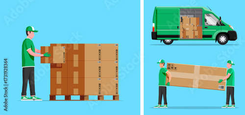 Men and delivery van with boxes. Shipping freight, delivery service, and moving concept. Global logistic supply chain.