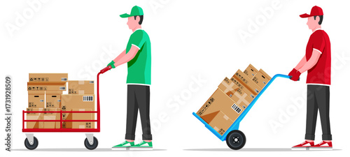 Two men working as delivery and warehouse workers. Flat vector illustration for shipping and logistics service with package boxes.