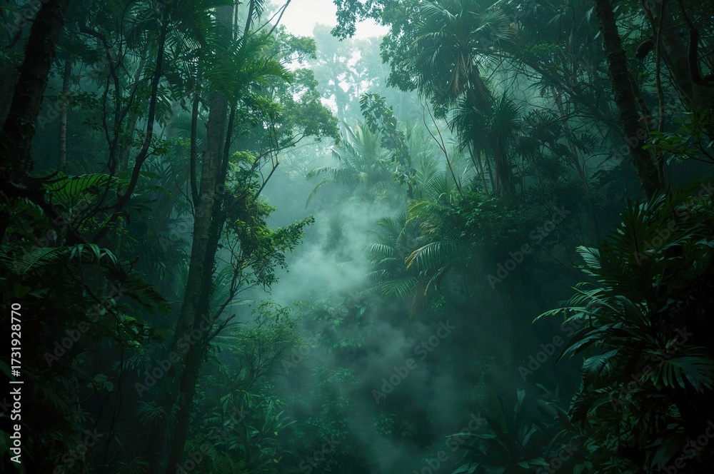 Fototapeta premium Mist drifting through a damp cloudforest interior in a coastal mountain range