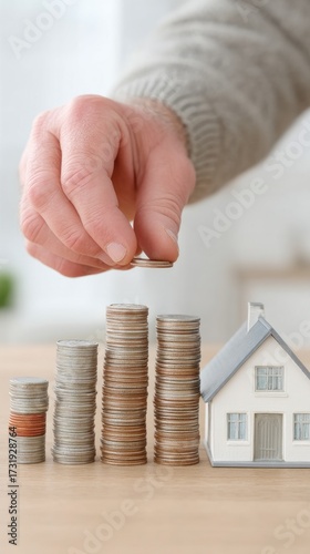 Person Stacking Coins Beside A House Model On Wooden Table With Neutral Background