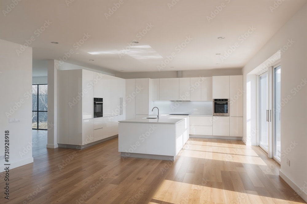 Fototapeta premium Contemporary bright kitchen in a recently built home