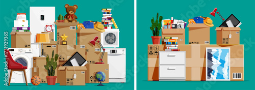 Household goods packed in cardboard box. Moving home concept. New house relocation service. Preparation for transportation.