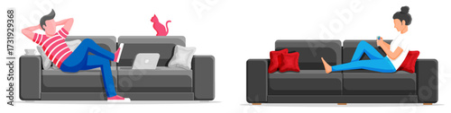 Man and woman relaxing at home on sofa. Cozy remote work and leisure concept. Flat style vector illustration.