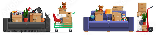 Moving box set with home stuff, appliance, and furniture. Relocation and delivery service concept. Apartment shifting process.