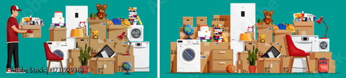 Man moving with cardboard box. Home accessories and appliance. Cargo, shipping, packaging and delivery service concept illustration.