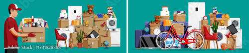 Mover man loading cardboard boxes and household items into truck. Moving service concept. New house, apartment, office relocation.