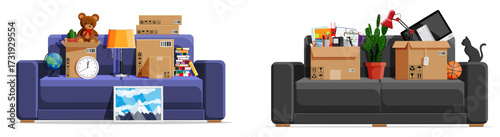 Couch and moving boxes with household item. Family relocating to a new apartment or house. Moving service concept.