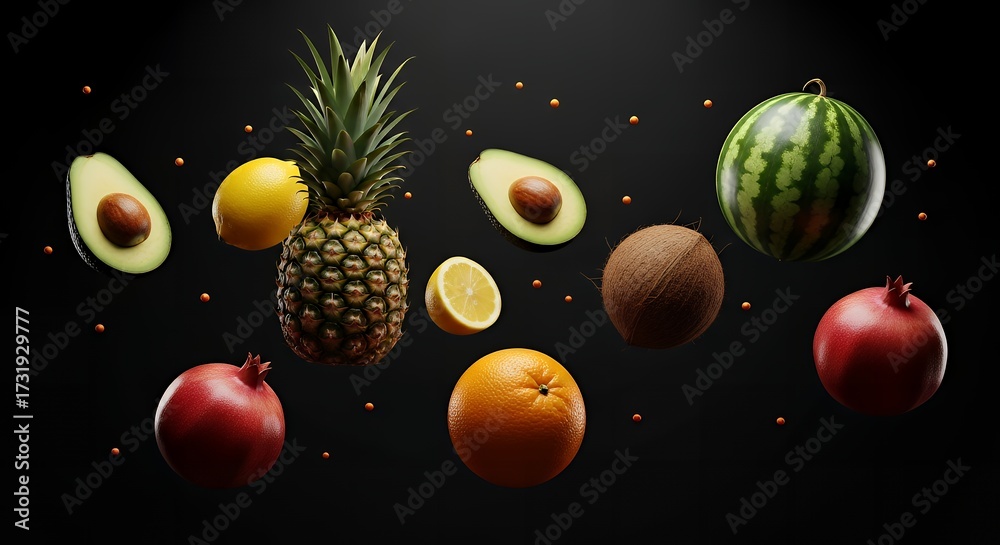 Fototapeta premium Assorted tropical fruits floating against a dark black studio background