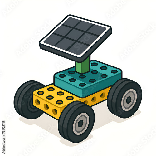 Solar-powered educational toy car with a small solar panel on top, designed as a sustainable energy science toy for children, clean modern vector style, isolated on white.