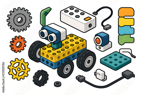 Colorful STEM robotics educational toy kit with wheels, gears, sensors, and coding blocks, isolated on white in clean vector style. Perfect concept for science, engineering, and technology learning fo