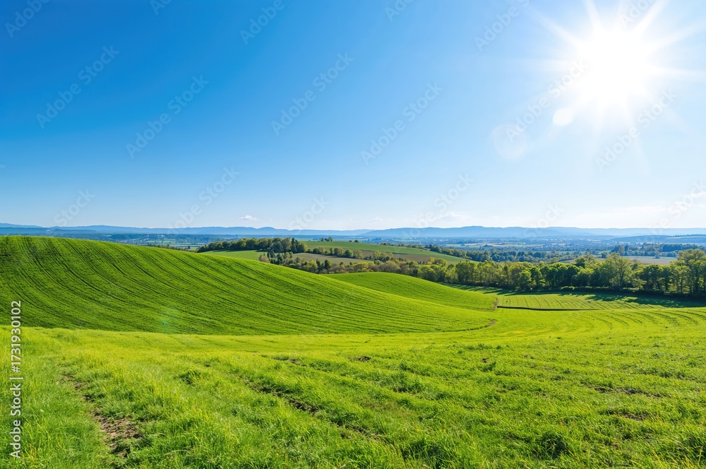Fototapeta premium Bright countryside scene with parallax image overlay featuring agricultural land, meadows, and lush green hills under a clear summer sky with mountains in the distance. Vector art.