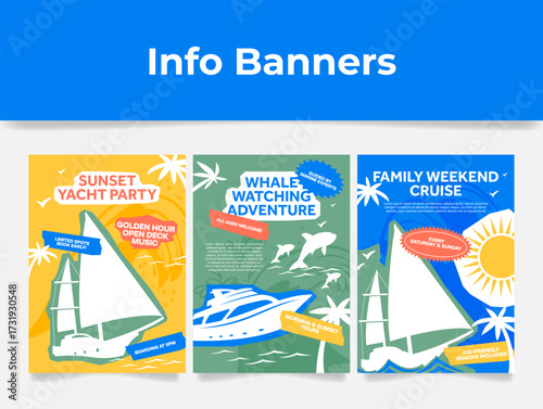 Bright banners inviting you to spend a day on a yacht with interesting activities and beautiful views of the ocean and marine life