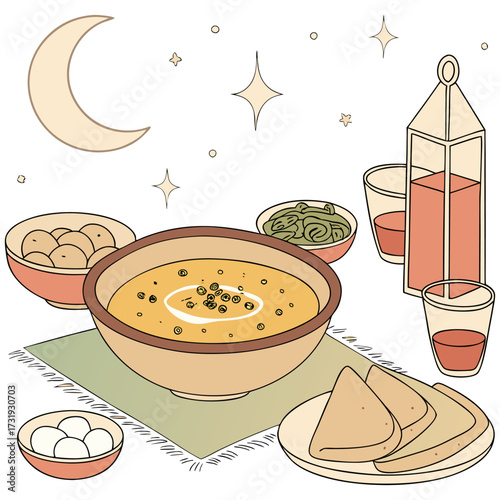 Luxurious Ramadan iftar table spread with lanterns, assorted savory and sweet dishes, glowing ambient lighting