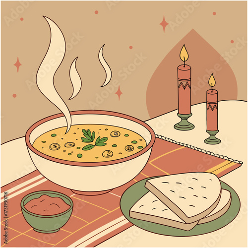 Luxurious Ramadan iftar table spread with lanterns, assorted savory and sweet dishes, glowing ambient lighting