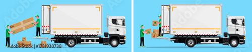 Two men movers loading cardboard boxes on delivery truck. Logistic service shipment, cargo delivery, transportation concept.