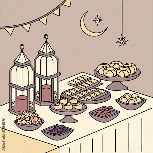 Luxurious Ramadan iftar table spread with lanterns, assorted savory and sweet dishes, glowing ambient lighting