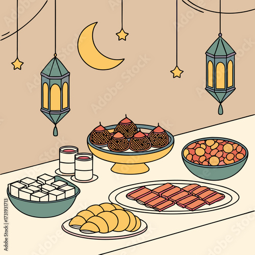 Luxurious Ramadan iftar table spread with lanterns, assorted savory and sweet dishes, glowing ambient lighting
