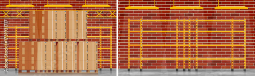 Warehouse interior with box and empty shelf. Industrial storage room with brick wall and wooden pallet. Delivery cargo service concept.