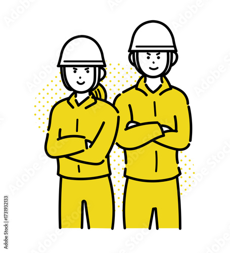 若い土木作業員の男性と女性がキリリとした表情のイラスト