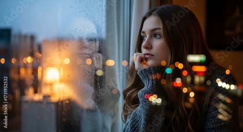 Thoughtful Woman Gazing Out Window at Night.