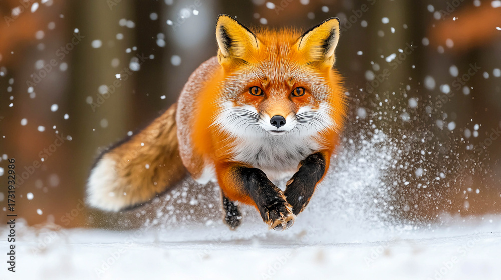 Fototapeta premium A red fox moving through the snow in a winter forest. The atmosphere of winter and wildlife.