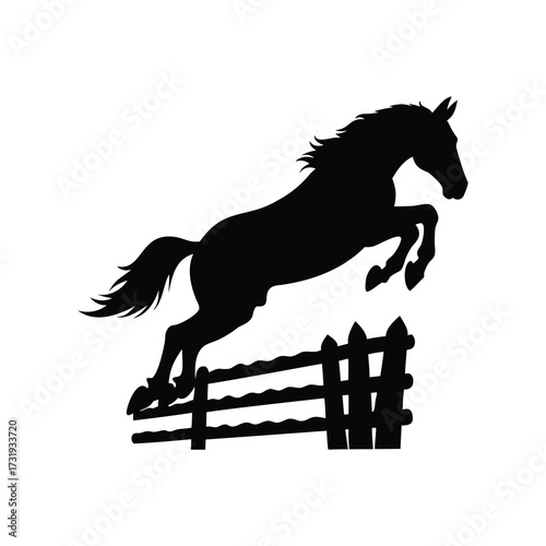 Silhouette of a magnificent horse powerfully jumping over a wooden fence obstacle, horse jumping over fence silhouette vector illustration
