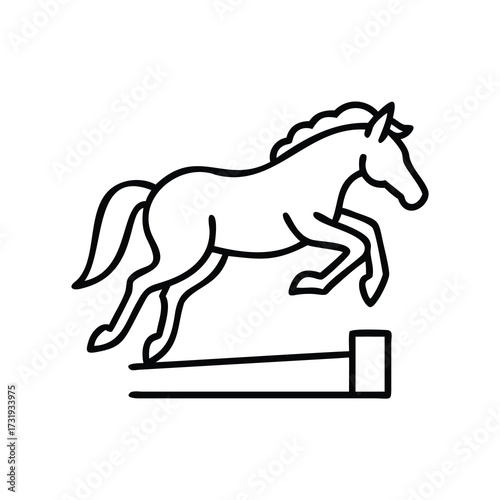 A horse leaping over an obstacle in a stylized minimalist black line art, horse jumping over hurdle silhouette vector illustration