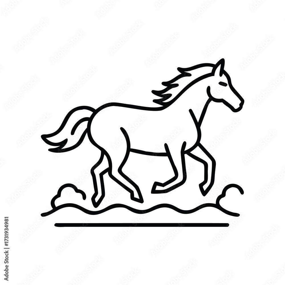 Fototapeta premium Black and white line drawing of a horse galloping across the ground, horse running in field silhouette vector illustration
