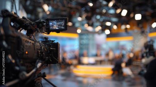 In a studio, a camera captures a live broadcast where the camera and lights highlight the scene. The camera crew adjusts settings as the camera rolls on the studio set.